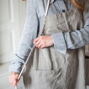 Prewashed pure linen apron, man woman natural color kitchen apron with two pockets and adjustable height, soft grey linen kitchen pinafore image 5