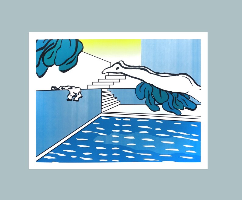 Pu&ograve; includere: Un'illustrazione blu e bianca di una persona che si tuffa in una piscina. La persona sta tuffandosi da un trampolino con una serie di scale che portano ad esso. Ci sono piante blu e verdi sullo sfondo.