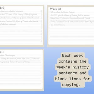 May include: Four white notepads with handwritten text about history, labeled "Week 1", "Week 9", and "Week 18". The text includes historical figures and events. The image also contains the text: "Each week contains the week'a history sentence and blank lines for copying."