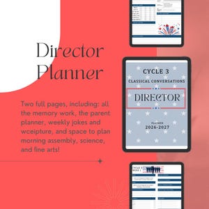 May include: A digital planner for Classical Conversations Cycle 3, 2026-2027, displayed on three screens. The cover features a light blue background with white stars and the text Director Planner. Interior pages show memory work and weekly schedules.