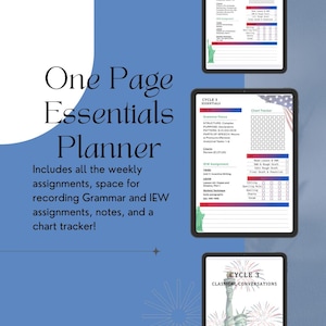 May include: A digital planner display featuring three tablet screens showing educational curriculum pages. The screens include text headers like Cycle 3 Essentials, Classical Conversations, and various assignment checklists with red, white, and blue accents.