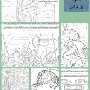 Puede incluir: Un collage con bocetos de obras de arte famosas. Incluye un retrato de un joven con un traje de satén azul, un grupo de soldados, una mujer, un jardín de flores y una escena de noche estrellada. El texto dice "CYCLE 2 Great Artists."