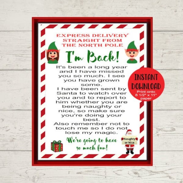 I'm Back Elf Letter, Printable Elf Christmas Letter, Instant Printable Letter From Elf Going Back To Santa, Instant PNG Digital Download