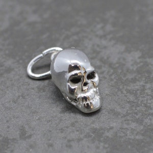 May include: A silver skull charm with a loop for attaching to a necklace or bracelet.
