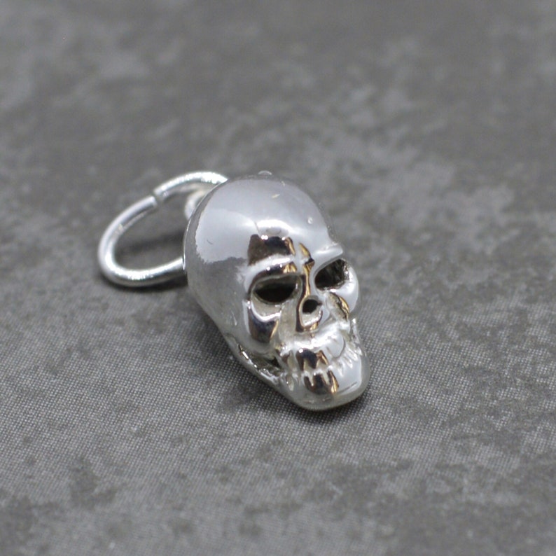 May include: A silver skull charm with a loop for attaching to a necklace or bracelet.
