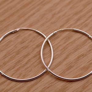 May include: A pair of thin, circular silver hoop earrings. Each earring features a smooth, polished metallic finish and a simple, continuous wire design with a small, integrated hinge mechanism for opening and closing the hoop securely.