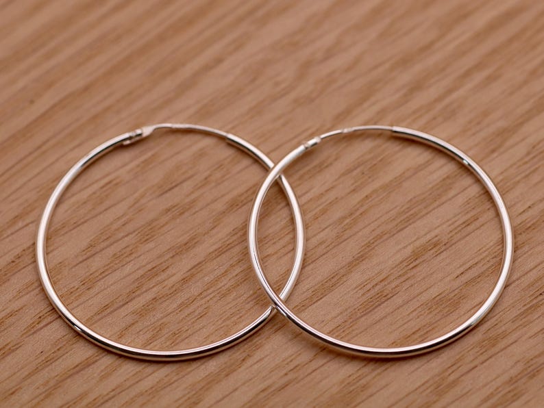 May include: A pair of thin, circular silver hoop earrings. Each earring features a smooth, polished metallic finish and a simple, continuous wire design with a small, integrated hinge mechanism for opening and closing the hoop securely.