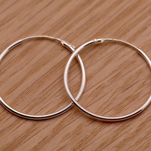 May include: A pair of thin, circular silver hoop earrings. Each earring features a smooth, polished metallic finish and a simple, continuous wire design with a small, integrated hinge mechanism for opening and closing the hoop securely.