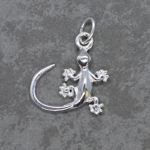 May include: A polished silver lizard pendant with a curled tail and detailed feet. The lizard has a small loop at the top for attaching to a necklace or bracelet. The pendant is set against a grey background.
