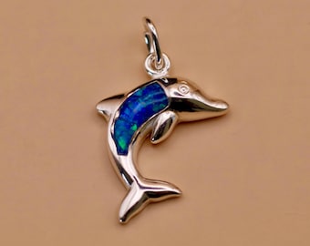 Sterling Silver Dolphin Charm | Blue Opal Inlay, Ocean Jewellery (14mm)