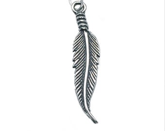 Solid 925 Sterling Silver Vintage Antiqued and Textured Feather Pendant Charm Solid 925 Sterling Silver Vintage Antiqued and Textured Feather Pendant Charm