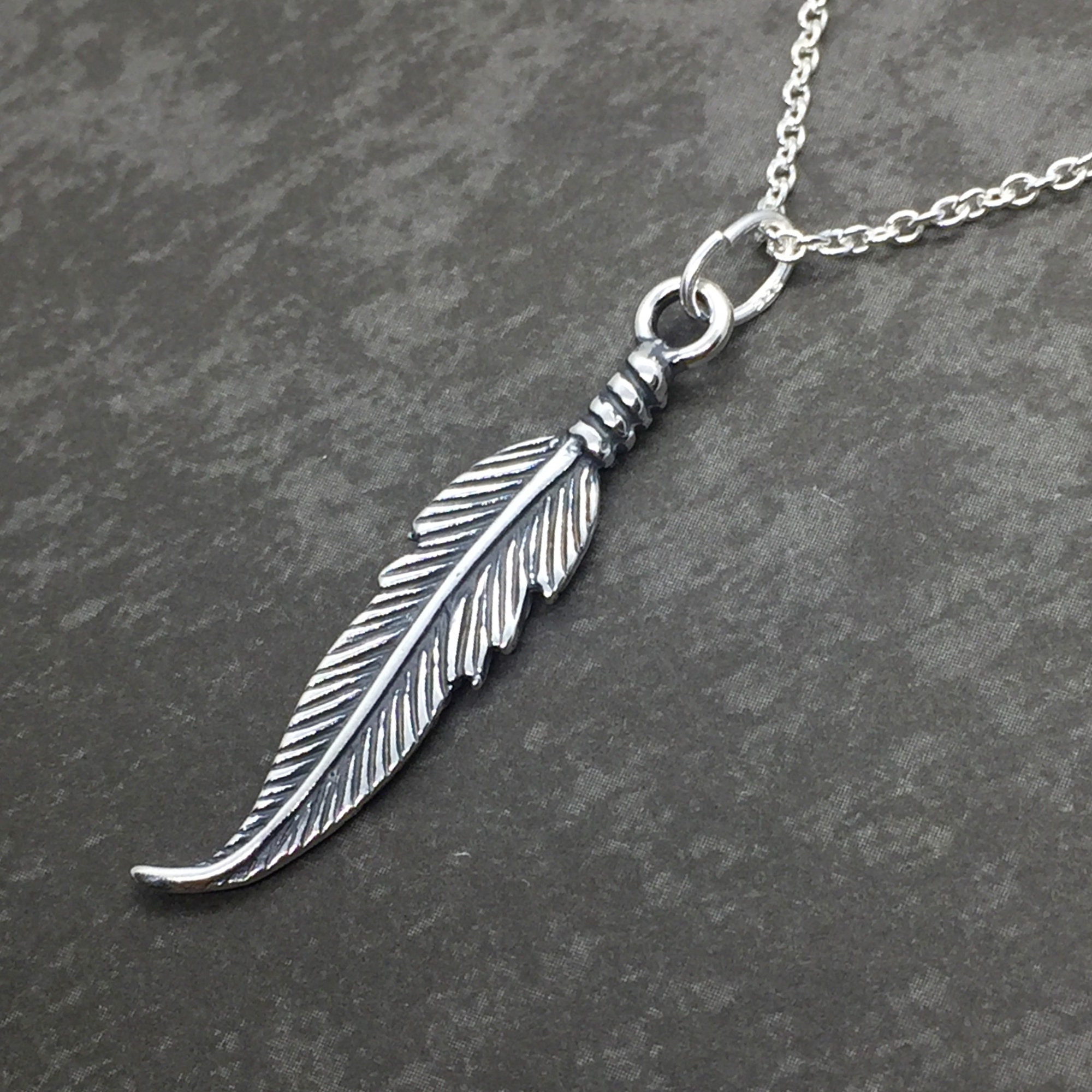 925 Sterling Silver ANTIQUE FEATHER PENDANT 29mm chain/ box | Etsy