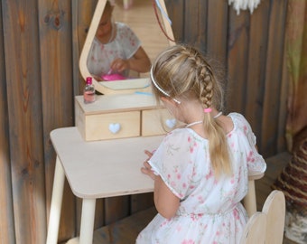 Tocador infantil, mesa y silla de belleza de princesa mágica, tocador infantil con espejo, juego de tocador para niños