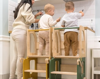 Taburete de cocina Montessori de madera: mesa/silla convertible para el aprendizaje de los niños pequeños.