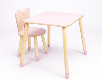 Mesa y silla con forma de conejito, muebles de madera para niños pequeños, estilo Montessori, sala de juegos infantil.