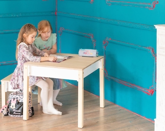 Conjunto de mesa y sillas Montessori para niños / Mesa de actividades de madera con almacenamiento inteligente