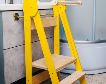 Taburete de madera hecho a mano para niños pequeños / Ayudante de cocina plegable Montessori