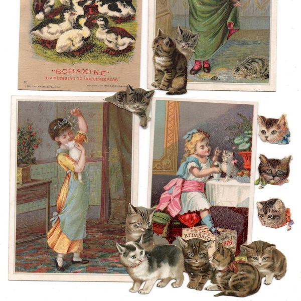 Lot Romantique pour création Chromos XIXème siècle Chats et Enfants Scrapbook