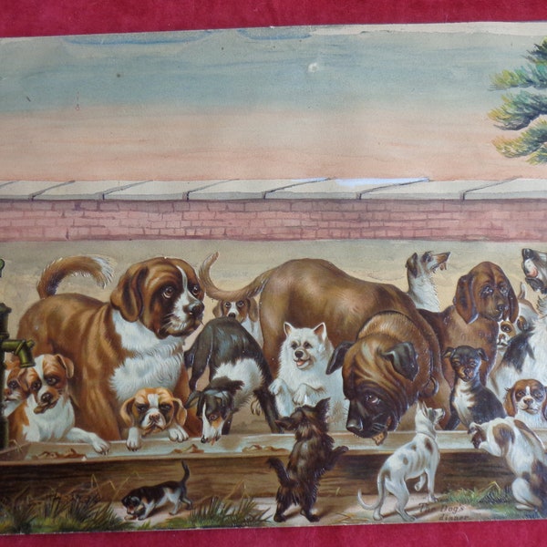 Chromos anciens sur tableau grand format Le repas des Chiens RARE Victorian scraps