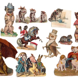 Imágenes antiguas y cromos recortados Animales Antropomorfismo Gato Perro Búho Mono