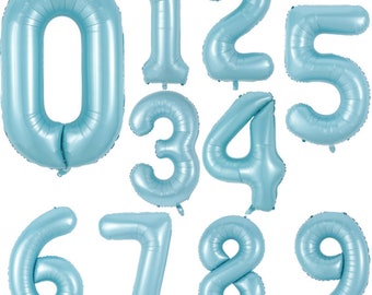 May include: A set of ten light blue foil balloons shaped like the numbers 0 through 9. The balloons are inflated and ready to be used for a party or celebration.