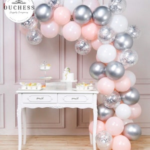55pc Baby Pink, Silver, White & Silver Confetti Balloon Garland Kit-Baby Shower, Birthday