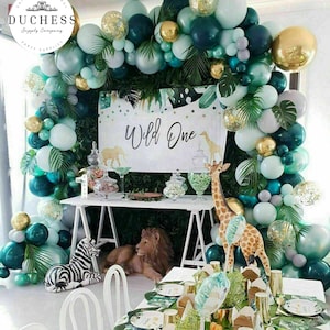 167pc Jungle/Wild One Balloon Garland Kit-Green, Gray, Gold Balloons with Foliage