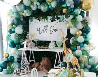 167pc Jungle/Wild One Balloon Garland Kit-Green, Gray, Gold Balloons with Foliage