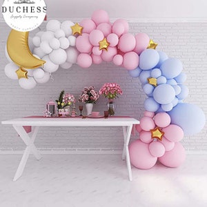 120pcs Large Pink, Blue, White Balloon Arch Kit With Gold Foil Stars Moon for Baby Shower, Birthday