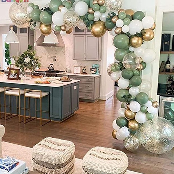 Kit de 132 guirnaldas de globos de confeti en verde salvia, dorado, blanco y dorado para cumpleaños, baby shower y despedida de soltera.