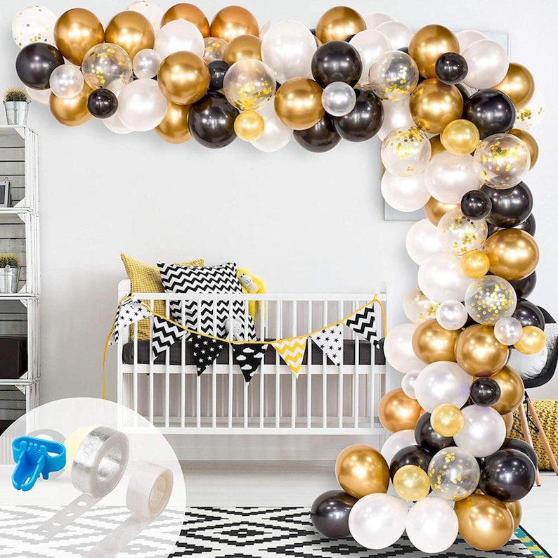 120Pcs Black, White, Gold Chrome & Confetti Balloon Garland Kit-Graduation, New Years, Retirement, Birthday