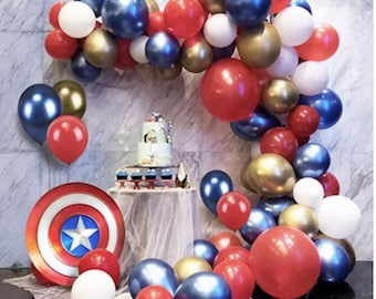 Kit de 83 guirnaldas de globos con temática de superhéroes/patrióticos: rojo, blanco, azul y dorado