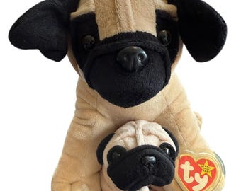 Pug Plush Set Mom & Puppy Dog Vintage Stuffed Animal Tan Black Toy Gift Ty and animal adventure