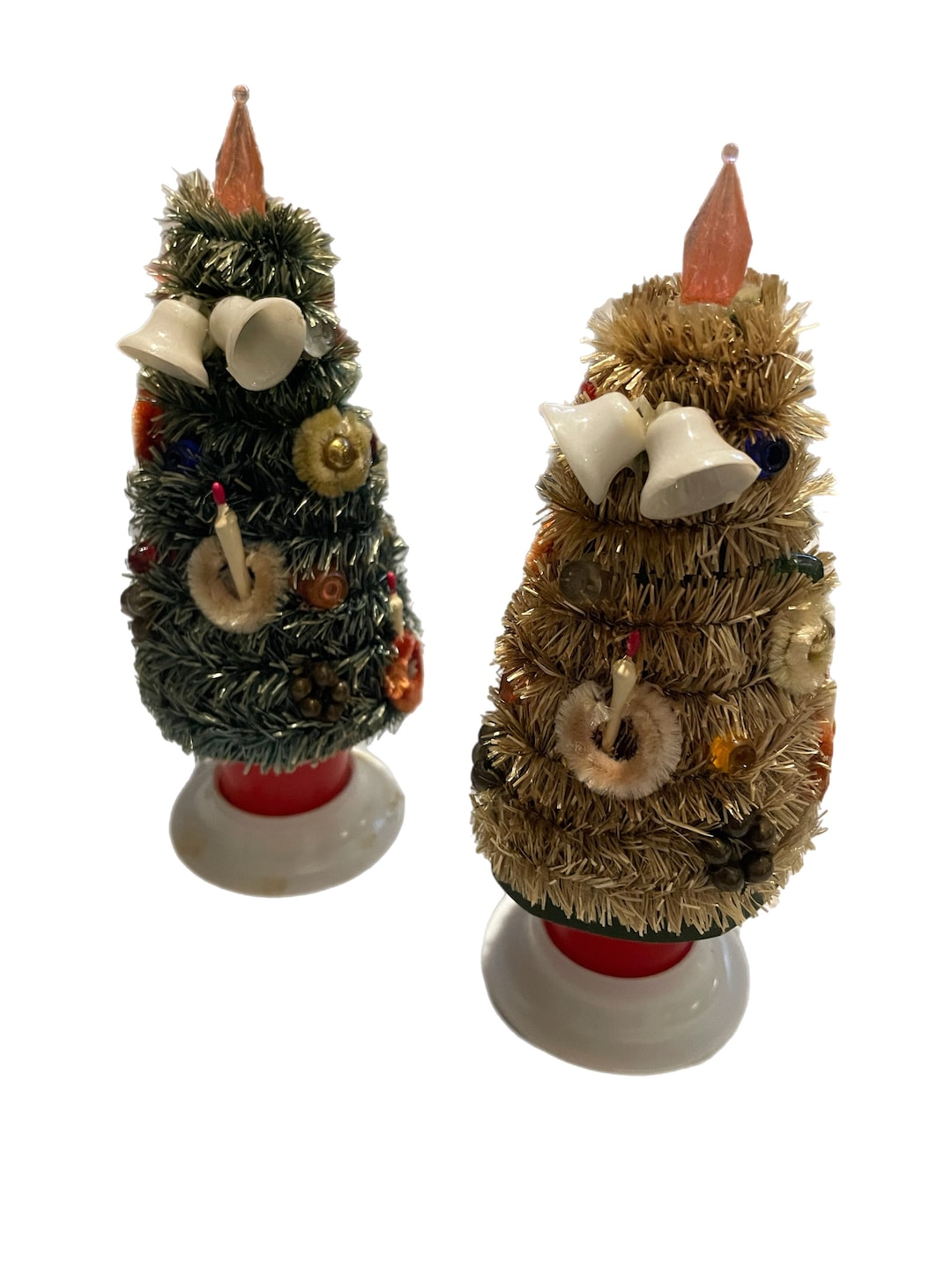 Vintage Light up Christmas Trees With Little Ornaments Set of 2 Made in
