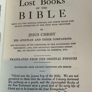 May include: A page from "The Lost Books of the Bible" is displayed, with the title in large, black, bold font. The text describes the book's contents and translation, with a quote from Dr. Talmage at the bottom.