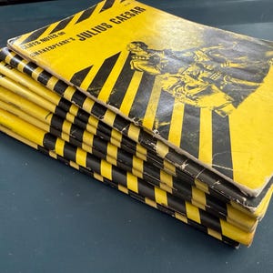 May include: A stack of vintage Cliffs Notes books on Shakespeare's Julius Caesar. The covers are yellow with black diagonal stripes and illustrations. The books are stacked on top of each other.