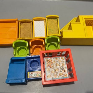 Vintage Fisher Price furniture lot of 11 play pen beds stairs chairs mailbox school desk