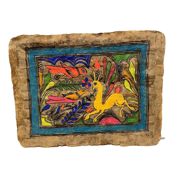 Vintage Mexican Folk Art Amate Bark Painting Birds Plants Animal Bright Colors original on bark paper