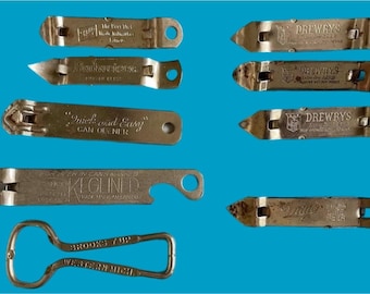 Vintage metal Beer Can Bottle Openers Drewrys Budweiser Schlitz 7 Up Kegline lot of 9