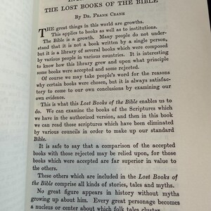 May include: An open book displaying the title "INTRODUCTION TO THE LOST BOOKS OF THE BIBLE" by Dr. Frank Crane. The text explores the evolution of the Bible, its compilation, and the inclusion of various stories and myths.