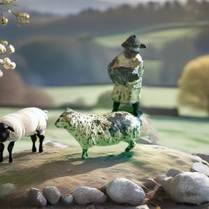 Britain&#39;s Shepherd & lamb and one sheep  metal toy figure. 1950&#39;s one sheep herder carrying a sheep and one by his side farm pasture