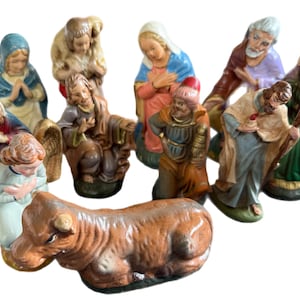 Nativity Pieces mixed lot 9 some made in Germany Angel from Japan shepherd has glued crack various sizes AS IS for Christmas crèche