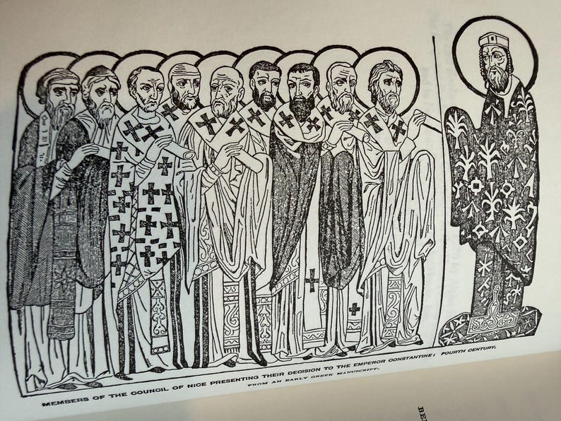 May include: A black and white illustration showing robed figures with halos presenting a scroll to a man. The figures hold crosses. The text at the bottom reads "MEMBERS OF THE COUNCIL OF NICE PRESENTING THEIR DECISION TO THE EMPEROR CONSTANTINE".
