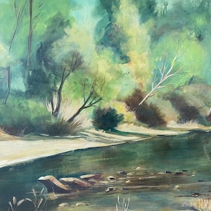 birch trees along River signed oil on board Tree lined pond or river by Steinkuhler 1981 rocks stones tranquil setting peaceful water