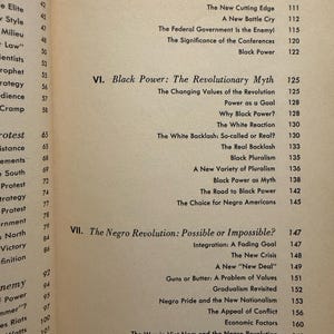 Op de afbeelding: Een inhoudsopgave met titels als "Black Power: The Revolutionary Myth" en "The Negro Revolution: Possible or Impossible?" gedrukt in zwarte inkt. Het papier heeft een vergeelde, verouderde uitstraling.