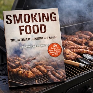 May include: A cookbook titled "Smoking Food" with the subtitle "The Ultimate Beginner's Guide" is displayed on a grill with cooked meats. The book cover features the title in large brown letters. The image includes text about recipes for brines, marinades, cheeses, meats, and more.