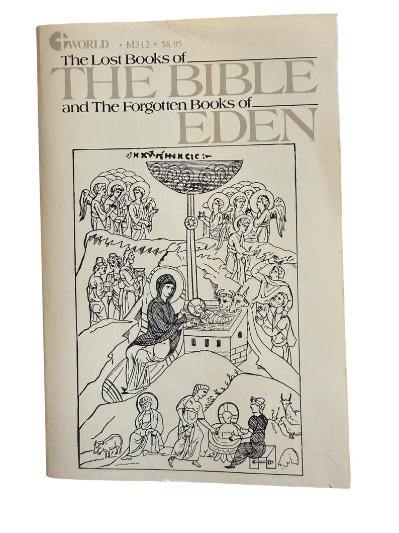 May include: A paperback book titled "The Lost Books of The Bible and The Forgotten Books of Eden." The cover features a black and white illustration of religious figures and scenes. The book has a white background with text at the top.