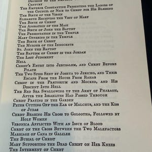 May include: A printed page with a list of illustrations, including titles like "The Birth of Christ" and "Christ's Entry into Jerusalem." The black text is centered, detailing scenes from religious narratives, suitable for art history.