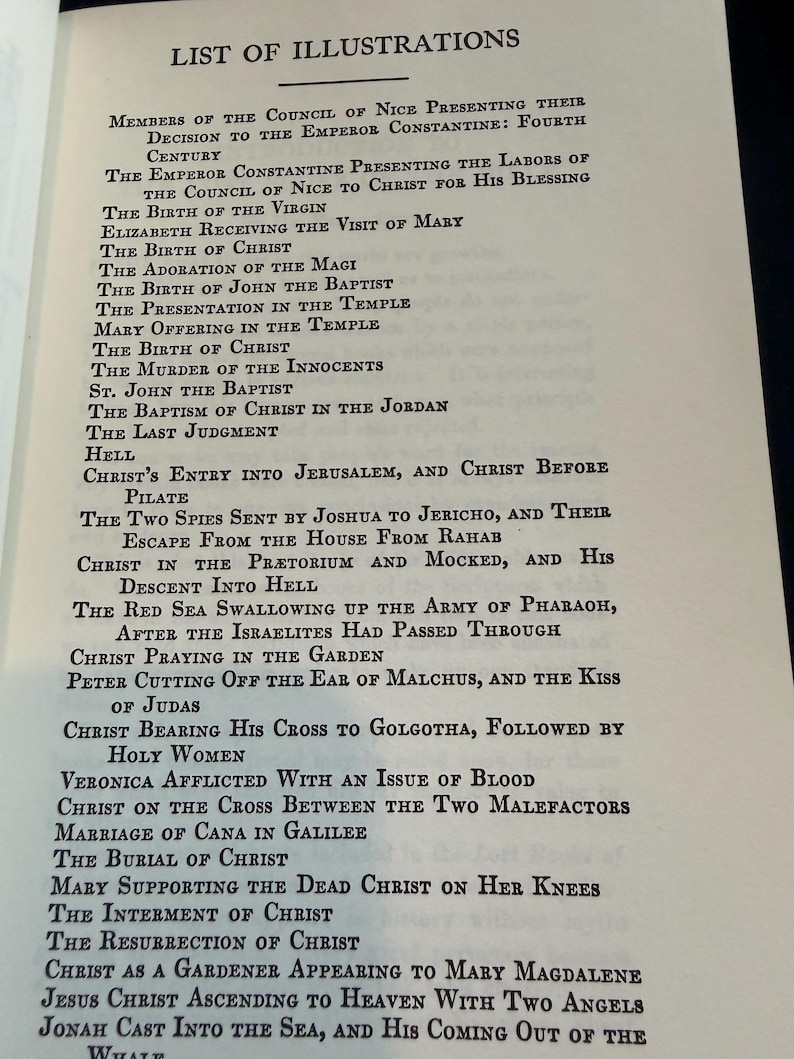 May include: A printed page with a list of illustrations, including titles like "The Birth of Christ" and "Christ's Entry into Jerusalem." The black text is centered, detailing scenes from religious narratives, suitable for art history.