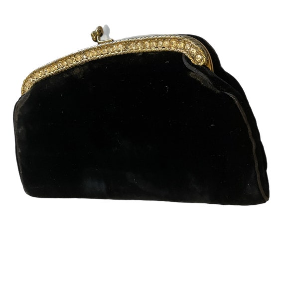 Vintage Garay velvet Black Fold Over Clutch Purse Rhinestone Accents gold tone trim some wear MCM